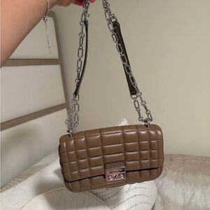 Michael Kors Tribeca Quilted Shoulder Bag in Taupe with Chain Strap